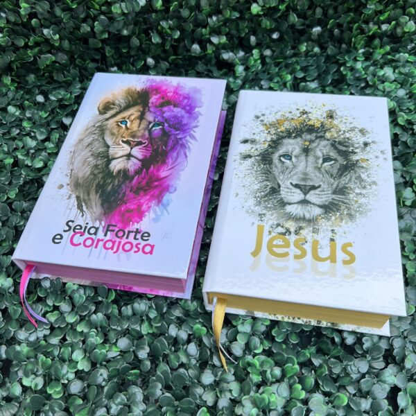 Kit 2 Bíblias Seja Forte e Corajosa Rosa e Jesus Dourado com Harpa e com Índice Casal Cristão - Imagem 6