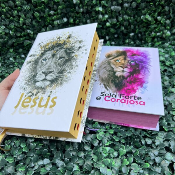 Kit 2 Bíblias Seja Forte e Corajosa Rosa e Jesus Dourado com Harpa e com Índice Casal Cristão - Imagem 5