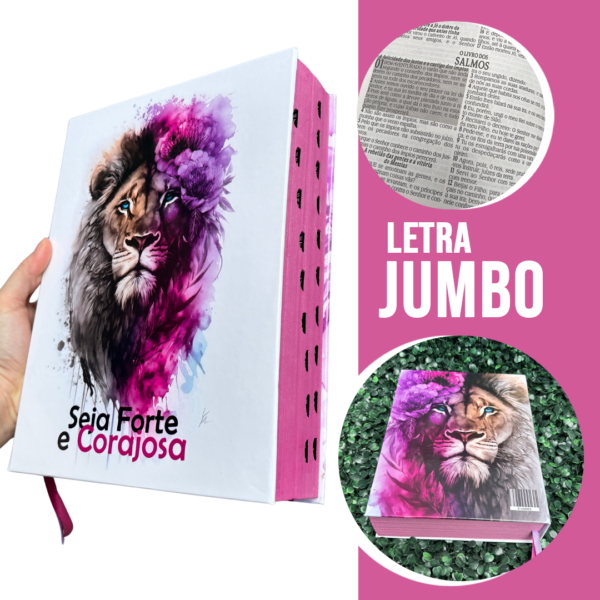 Bíblia Sagrada Ultra Gigante Letra Jumbo Leão Forte e Corajosa Rosa Com Harpa e Índice ARC