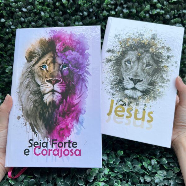 Kit 2 Bíblias Seja Forte e Corajosa Rosa e Jesus Dourado com Harpa e com Índice Casal Cristão